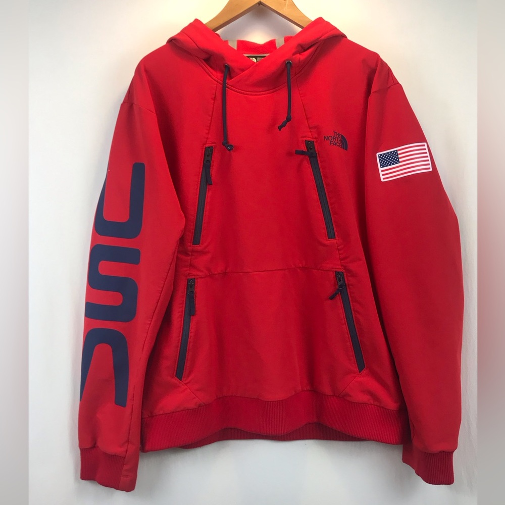 Men's The North Face Team USA Olympic Softshell Pullover Hoodie Jacket Red Navy